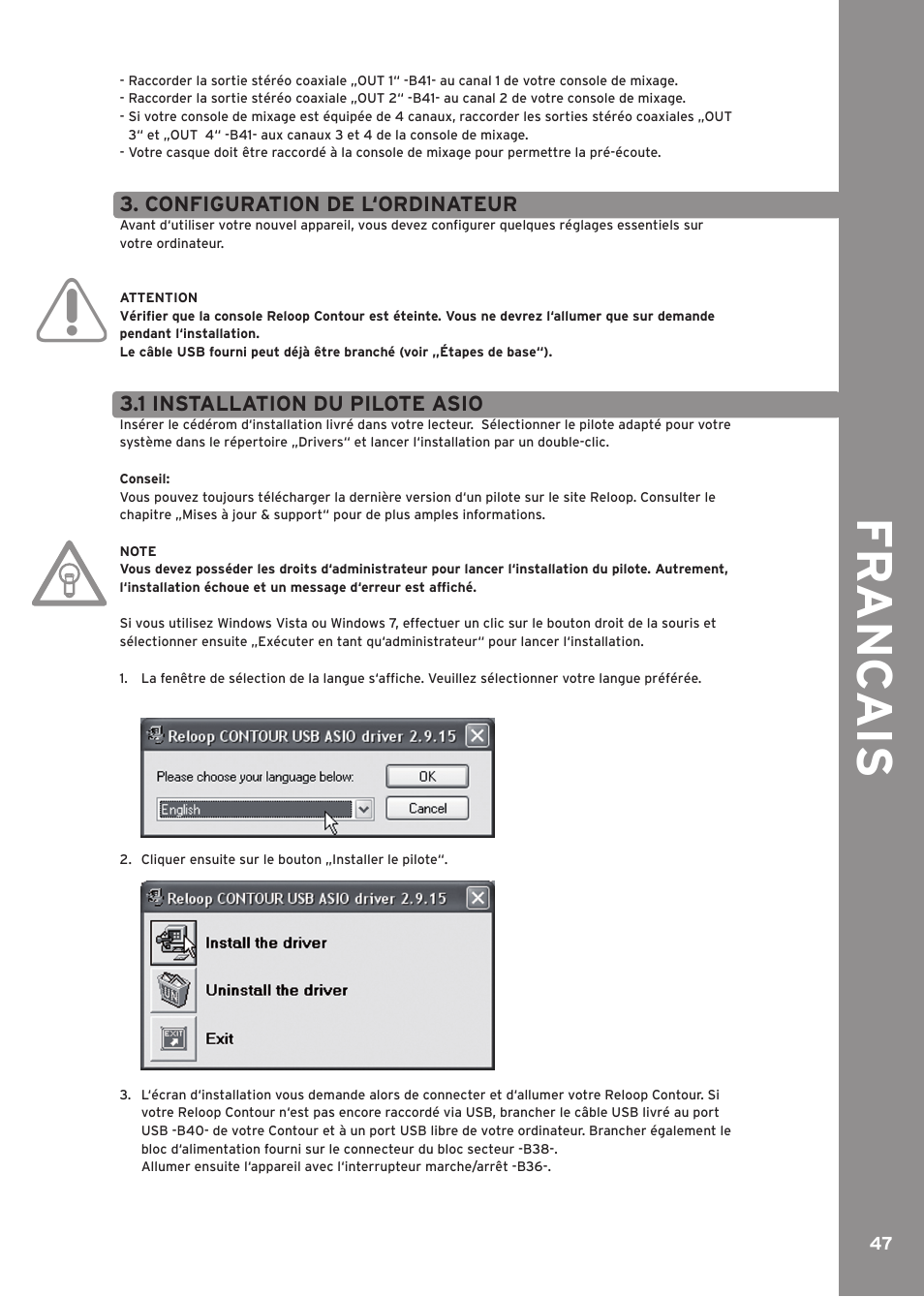 Configuration de l‘ordinateur, 1 installation du pilote asio, Fr anc ai s | Reloop CONTOUR INTERFACE EDITION User Manual | Page 47 / 64