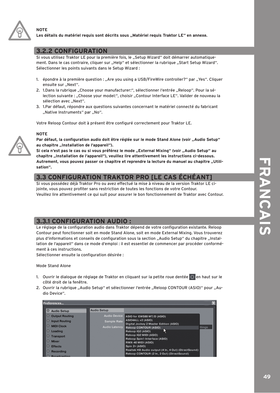 2 configuration, 3 configuration traktor pro [le cas échéant, 1 configuration audio | Fr anc ai s | Reloop CONTOUR INTERFACE EDITION User Manual | Page 49 / 64