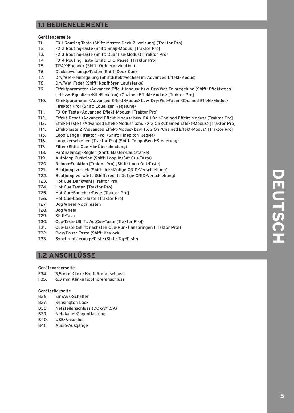 1 bedienelemente, 2 anschlüsse, De ut s c h | Reloop CONTOUR INTERFACE EDITION User Manual | Page 5 / 64