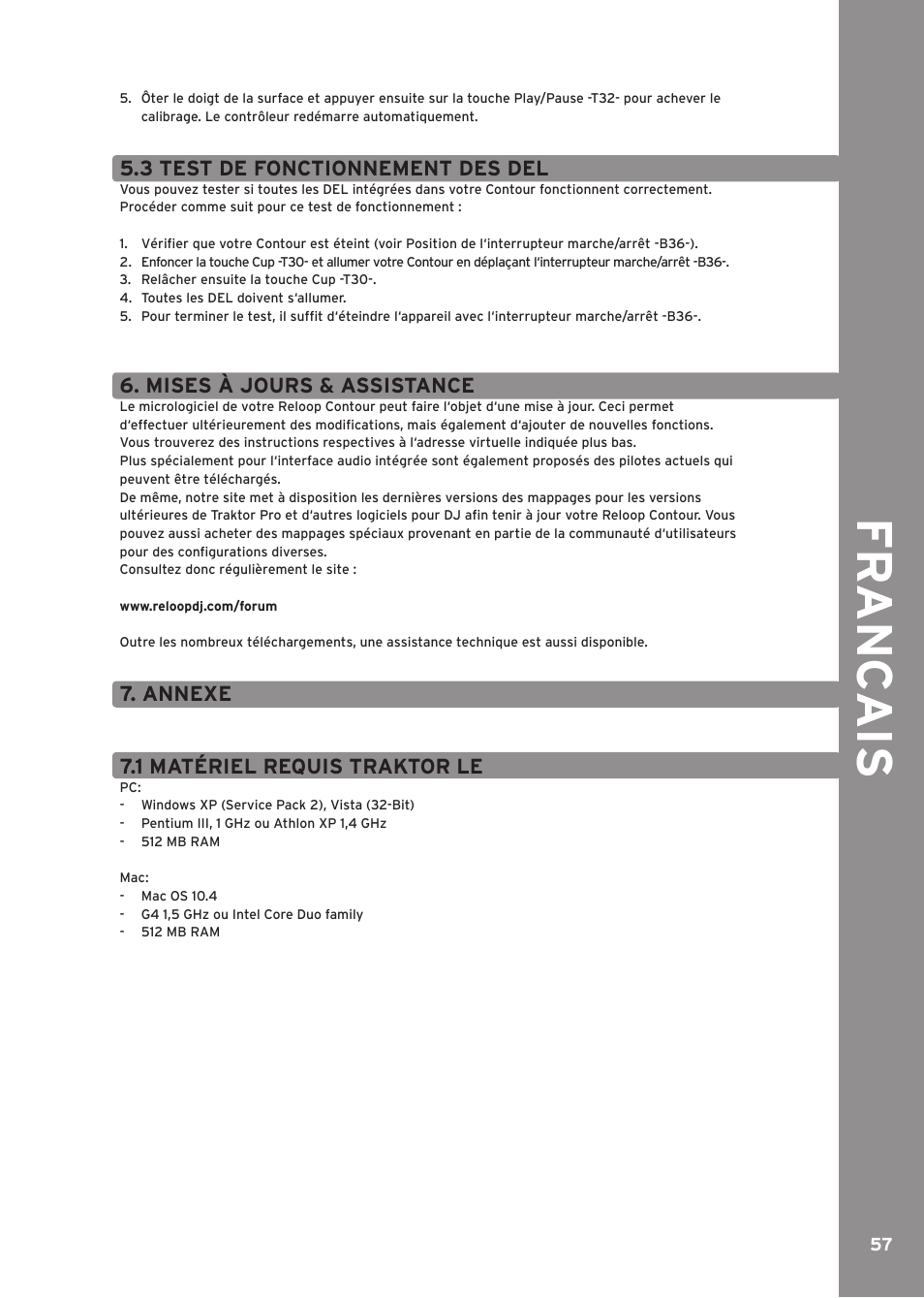 3 test de fonctionnement des del, Mises à jours & assistance, Annexe | 1 matériel requis traktor le, Fr anc ai s | Reloop CONTOUR INTERFACE EDITION User Manual | Page 57 / 64