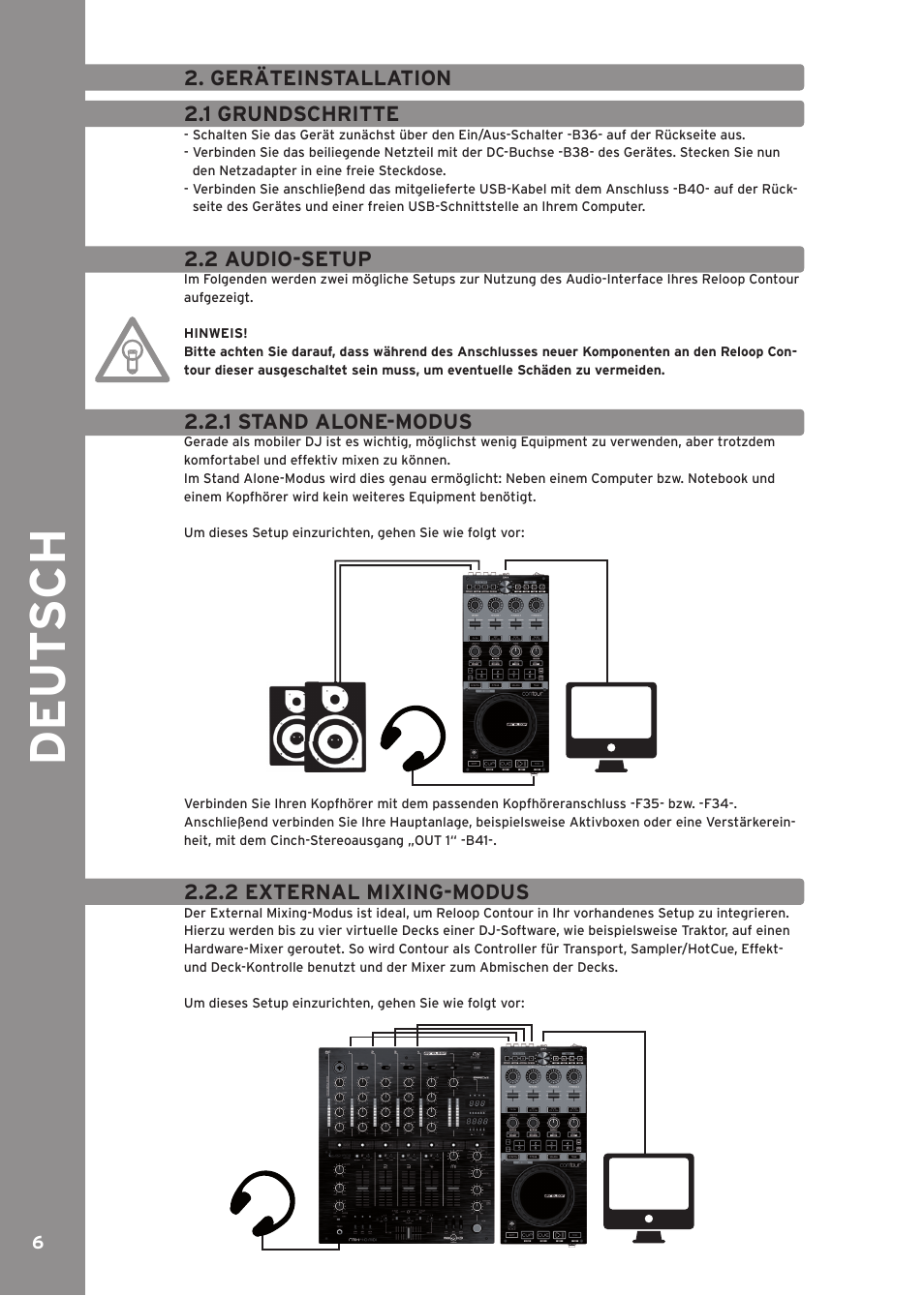 Geräteinstallation, 1 grundschritte, 2 audio-setup | 1 stand alone-modus, 2 external mixing-modus, De ut s c h | Reloop CONTOUR INTERFACE EDITION User Manual | Page 6 / 64
