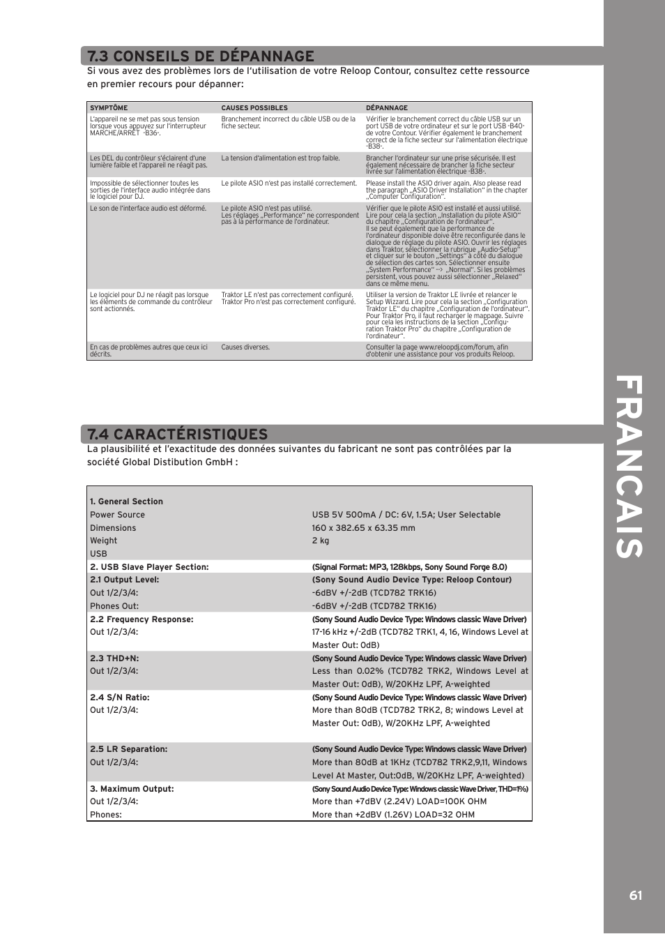 3 conseils de dépannage, 4 caractéristiques, Fr anc ai s | Reloop CONTOUR INTERFACE EDITION User Manual | Page 61 / 64