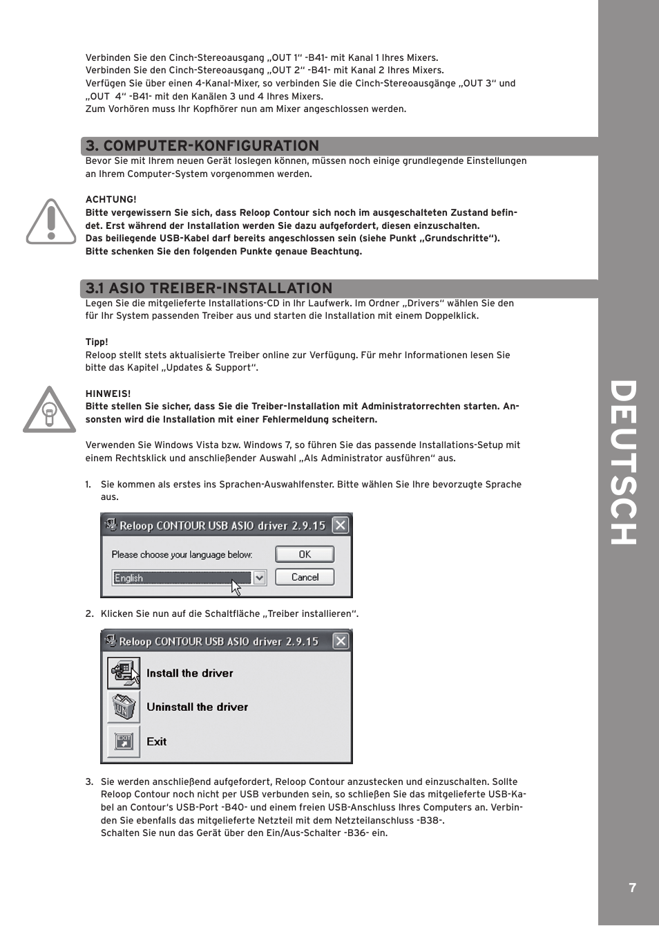Computer-konfiguration, 1 asio treiber-installation, De ut s c h | Reloop CONTOUR INTERFACE EDITION User Manual | Page 7 / 64