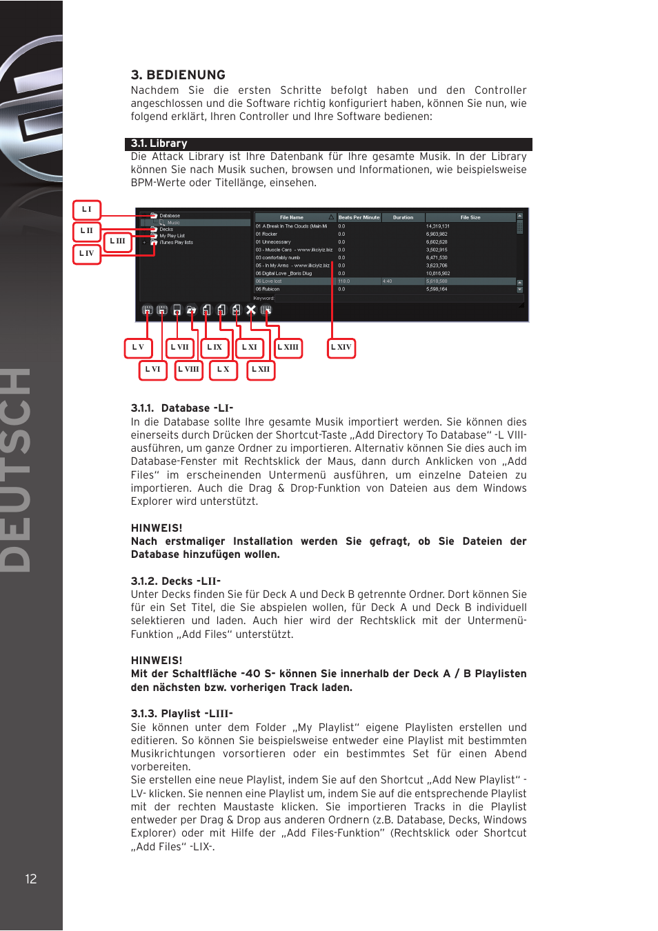 Bedienung, 1 - library, 1 - database | 2 - decks, 3 - playlist, Deut sch | Reloop DIGITAL JOCKEY User Manual | Page 12 / 80
