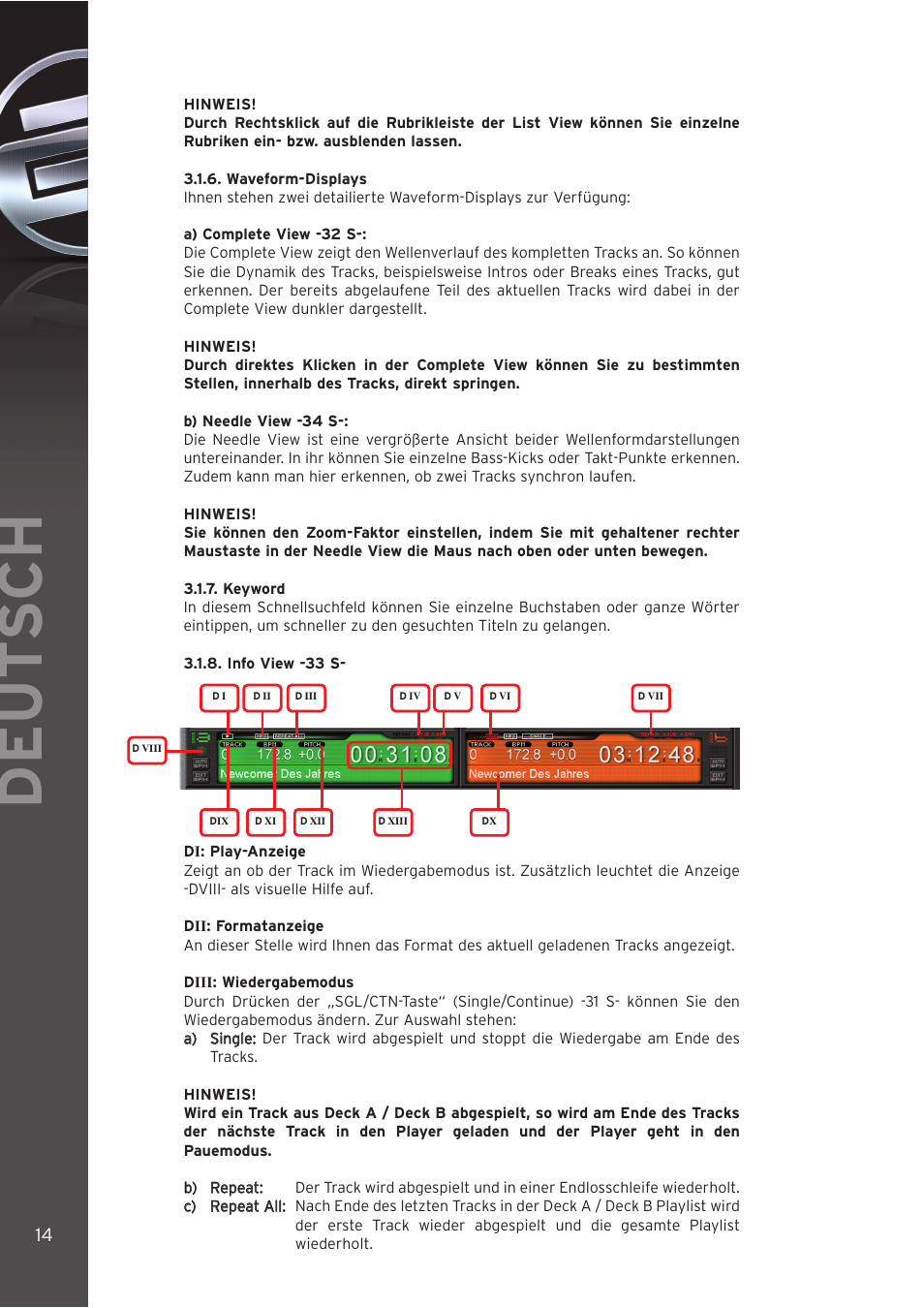 6 - waveform displays, 7 - keyword, 8 - info view | Deut sch | Reloop DIGITAL JOCKEY User Manual | Page 14 / 80