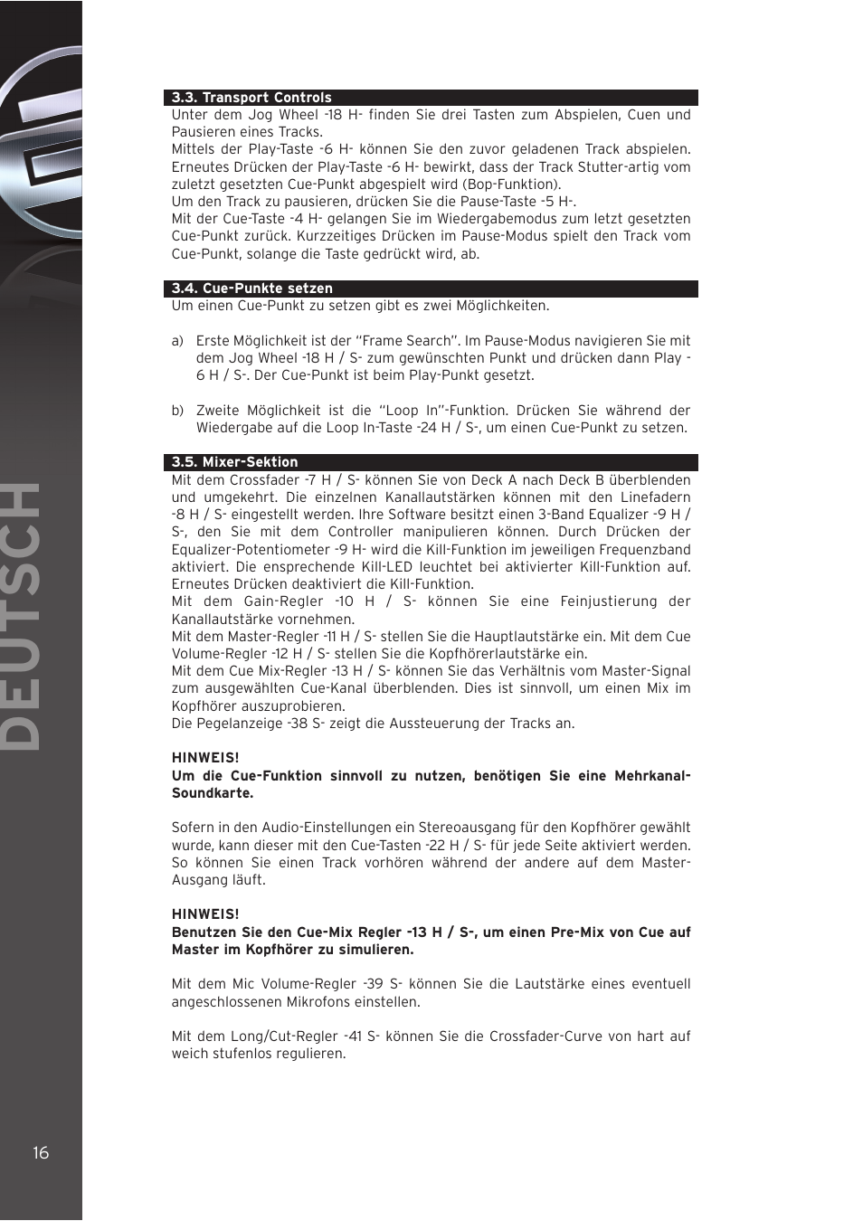 3 - transport controls, 4 - cue-unkte setzen, 5 - mixer sektion | Deut sch | Reloop DIGITAL JOCKEY User Manual | Page 16 / 80