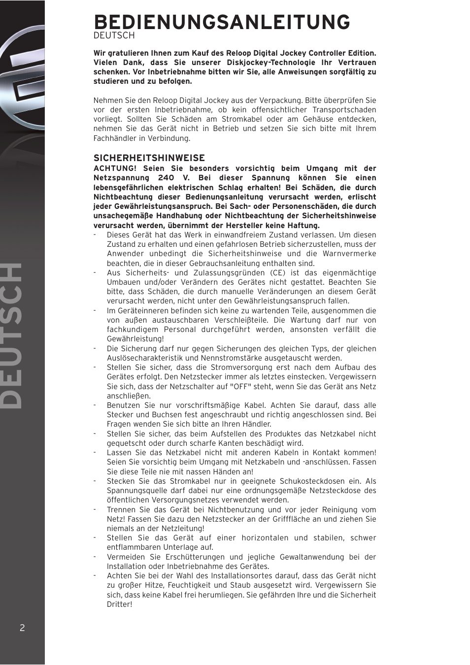 Deutsch, Sicherheitshinweise, Deut sch | Bedienungsanleitung | Reloop DIGITAL JOCKEY User Manual | Page 2 / 80