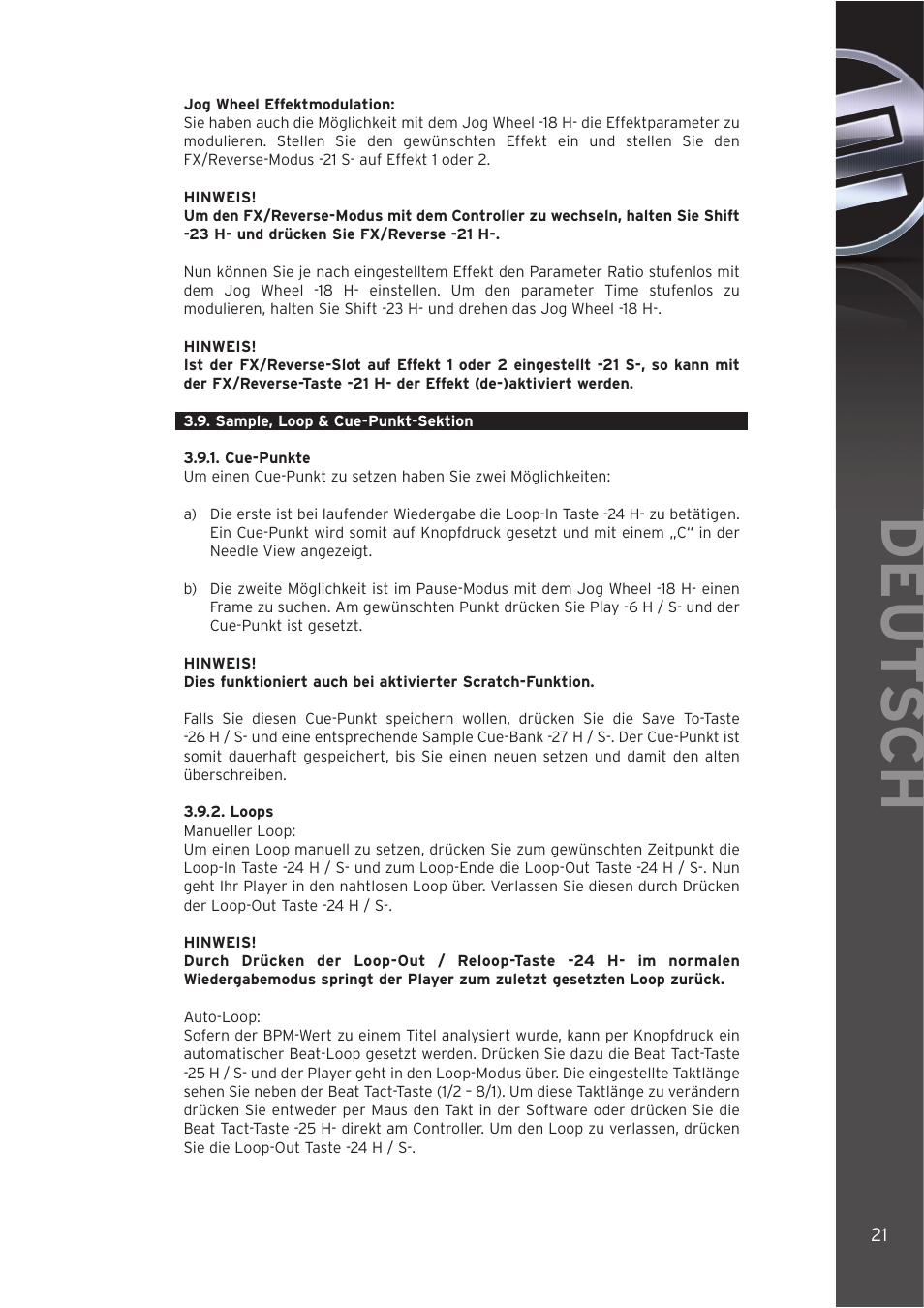 9 - sample, loop & cue-punkt-sektion, 1 - cue-punkte, 2 - loops | Deut sch | Reloop DIGITAL JOCKEY User Manual | Page 21 / 80