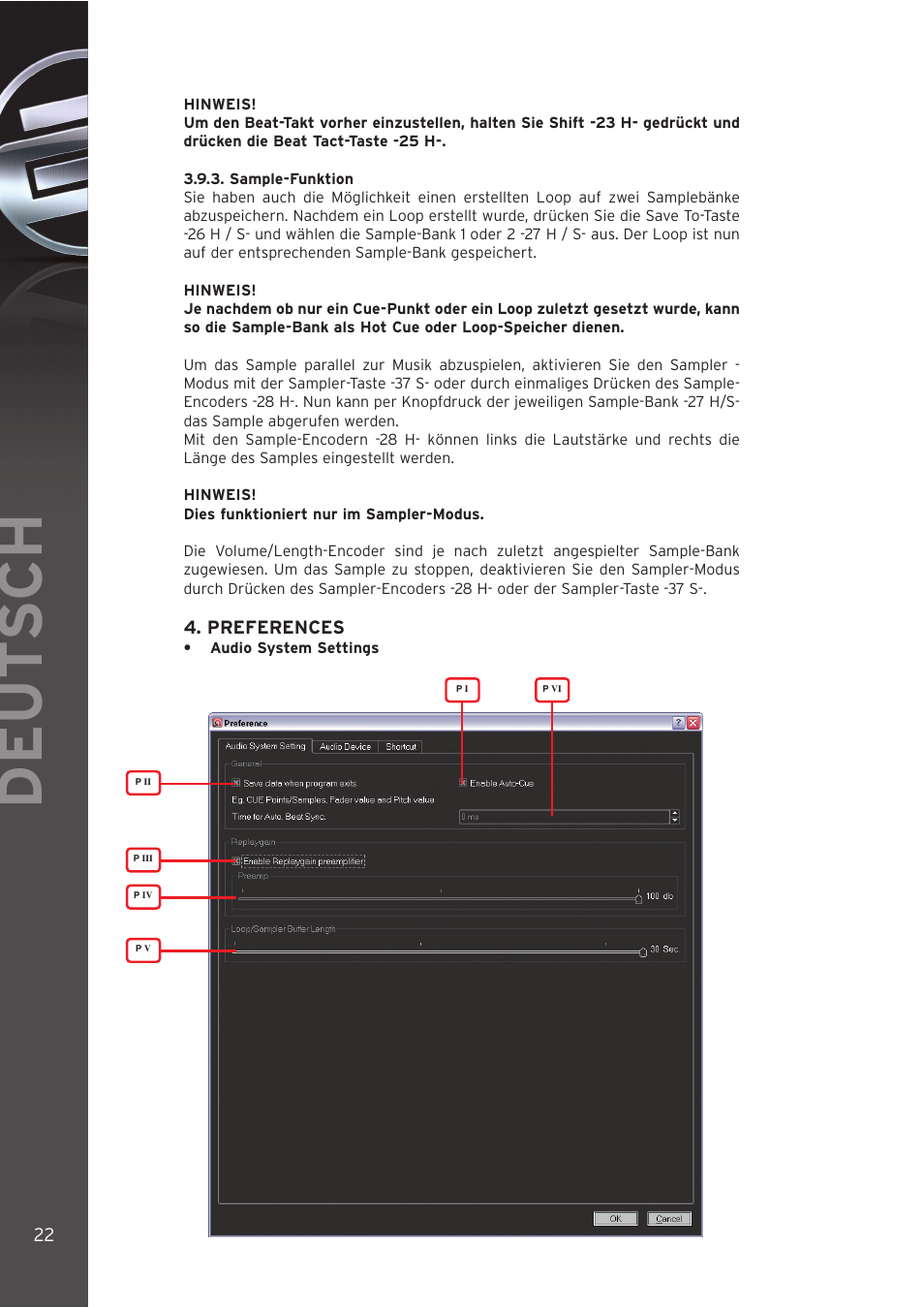 3 - sample-funktion, Preferences, Audio system settings | Deut sch | Reloop DIGITAL JOCKEY User Manual | Page 22 / 80