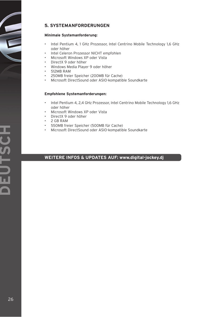 Systemanforderungen, Deut sch | Reloop DIGITAL JOCKEY User Manual | Page 26 / 80