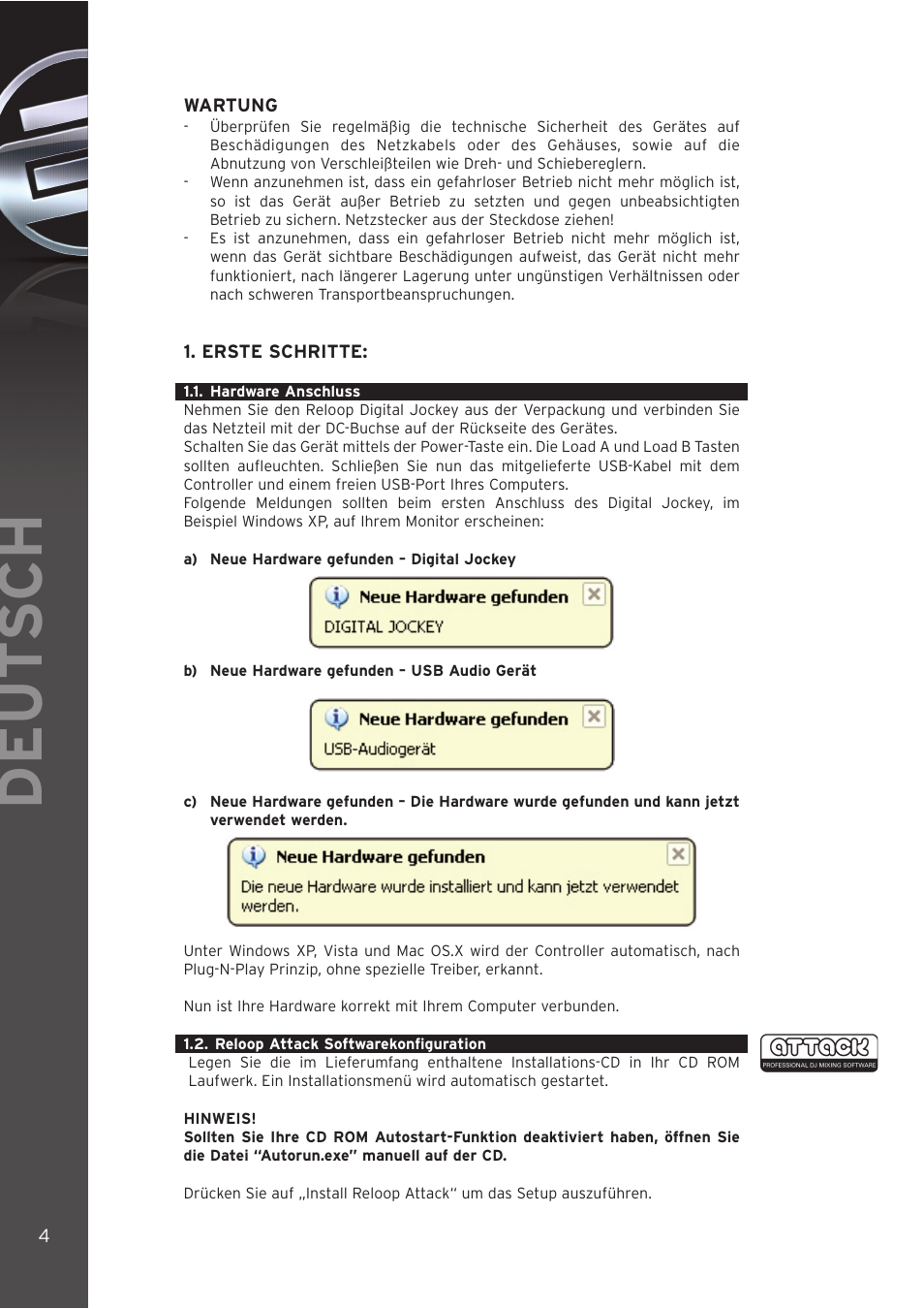 Erste schritte, 1 - hardware anschluss, 2 - reloop attack software konfiguration | Deut sch | Reloop DIGITAL JOCKEY User Manual | Page 4 / 80