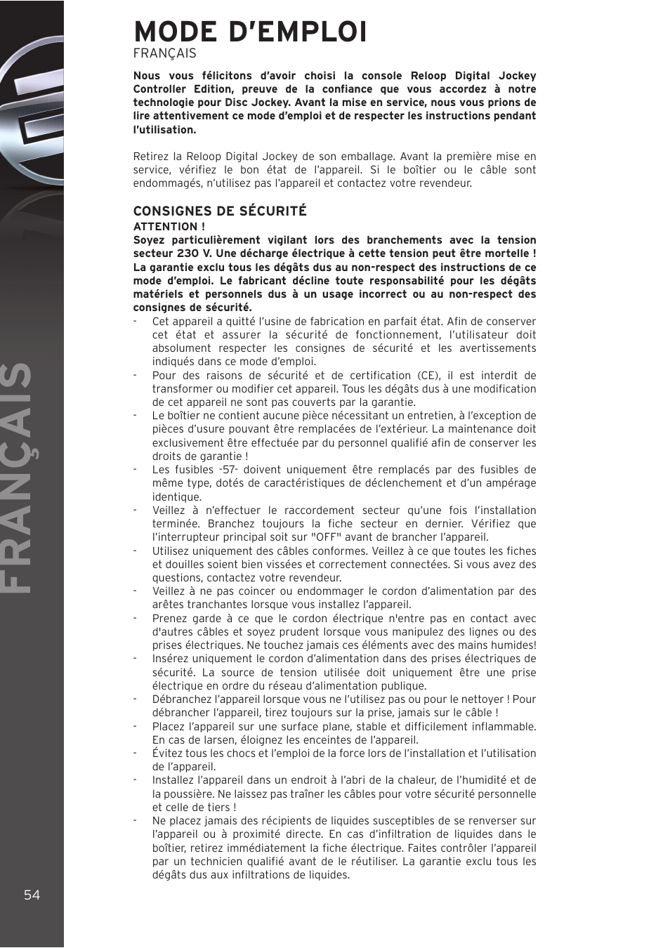 Fr ançais, Mode d’emploi | Reloop DIGITAL JOCKEY User Manual | Page 54 / 80