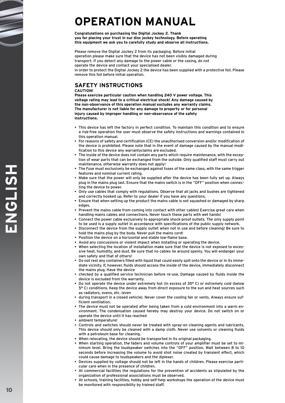 English, Operation manual, Safety instructions | Reloop DIGITAL JOCKEY 2 CONTROLLER EDITION User Manual | Page 10 / 24