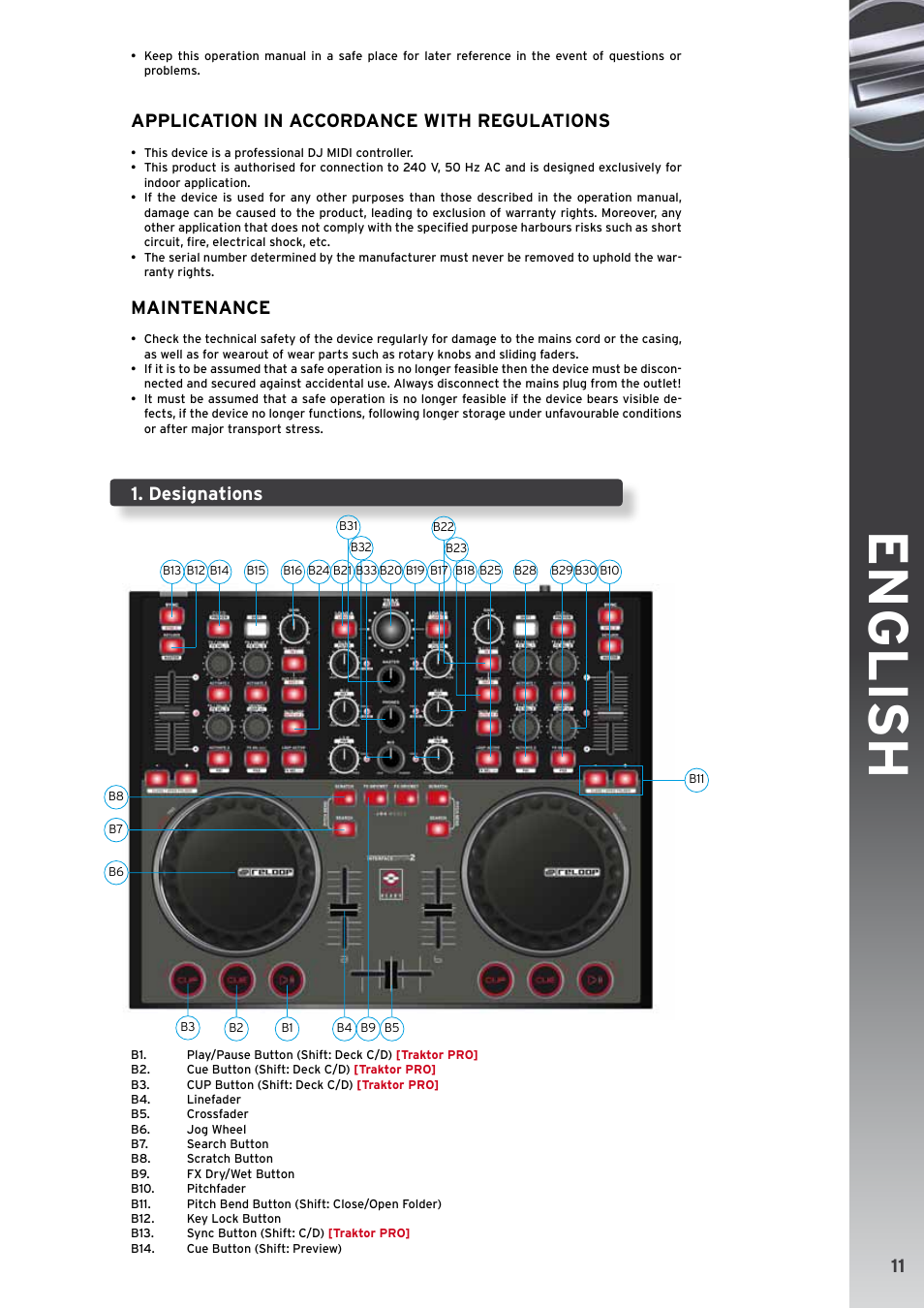 English, Application in accordance with regulations, Maintenance | Designations | Reloop DIGITAL JOCKEY 2 CONTROLLER EDITION User Manual | Page 11 / 24