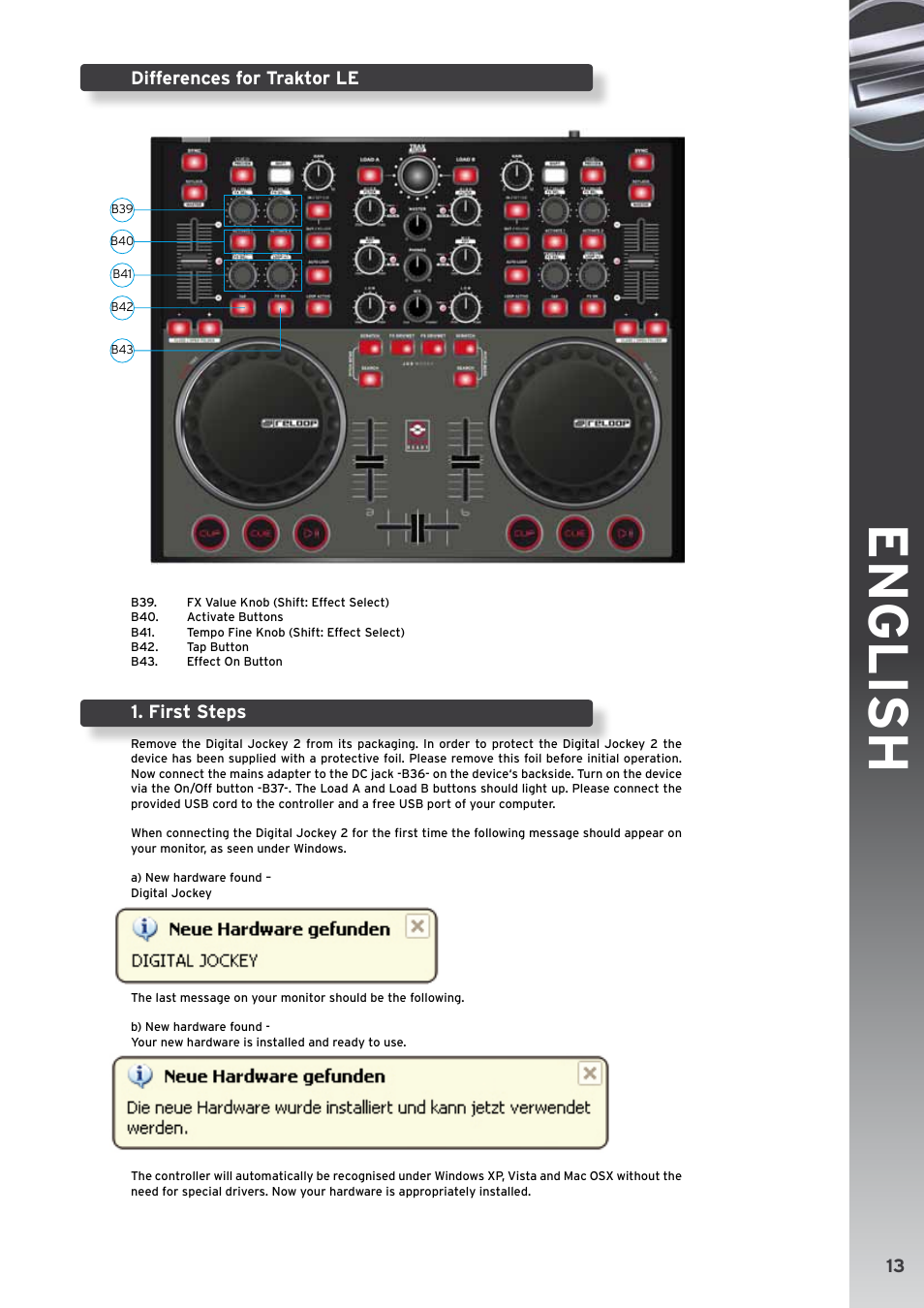 English, 13 differences for traktor le, First steps | Reloop DIGITAL JOCKEY 2 CONTROLLER EDITION User Manual | Page 13 / 24