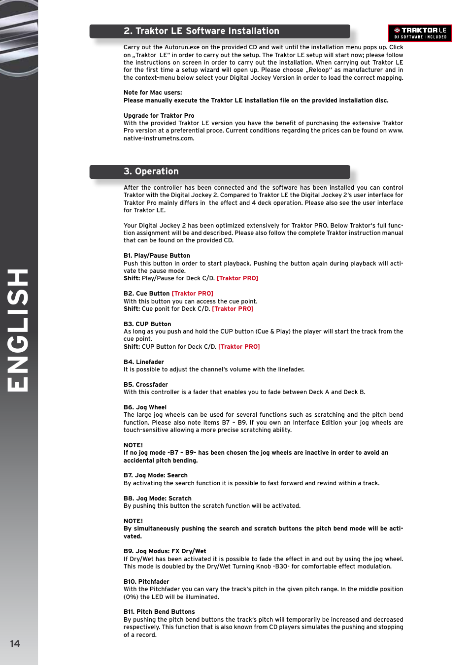 English, Traktor le software installation, Operation | Reloop DIGITAL JOCKEY 2 CONTROLLER EDITION User Manual | Page 14 / 24