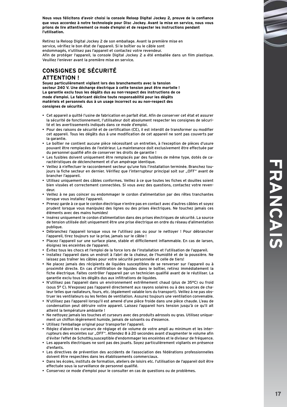 Fr anc ais, Consignes de sécurité attention | Reloop DIGITAL JOCKEY 2 CONTROLLER EDITION User Manual | Page 17 / 24