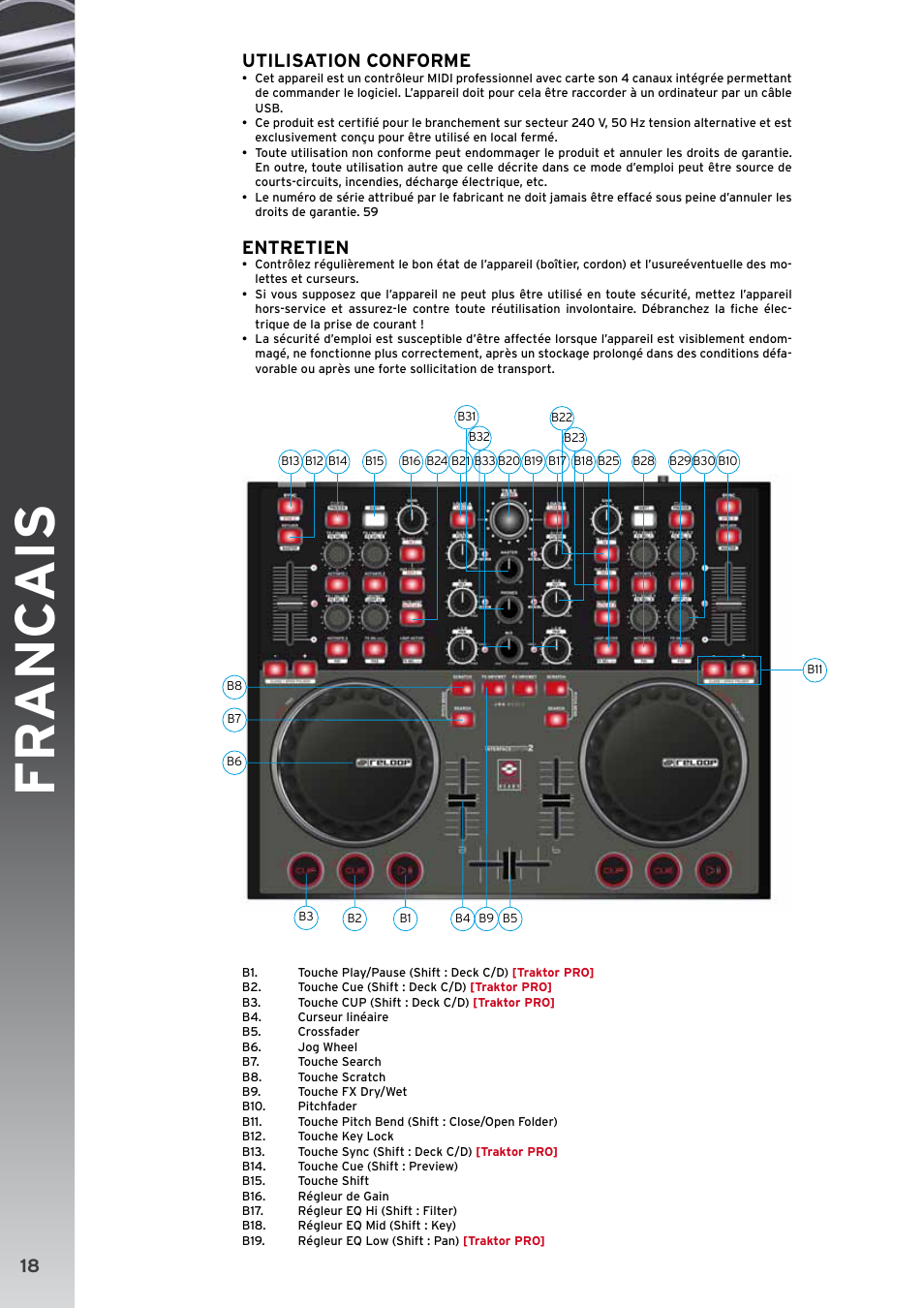 Fr anc ais, Utilisation conforme, Entretien | Descriptions | Reloop DIGITAL JOCKEY 2 CONTROLLER EDITION User Manual | Page 18 / 24