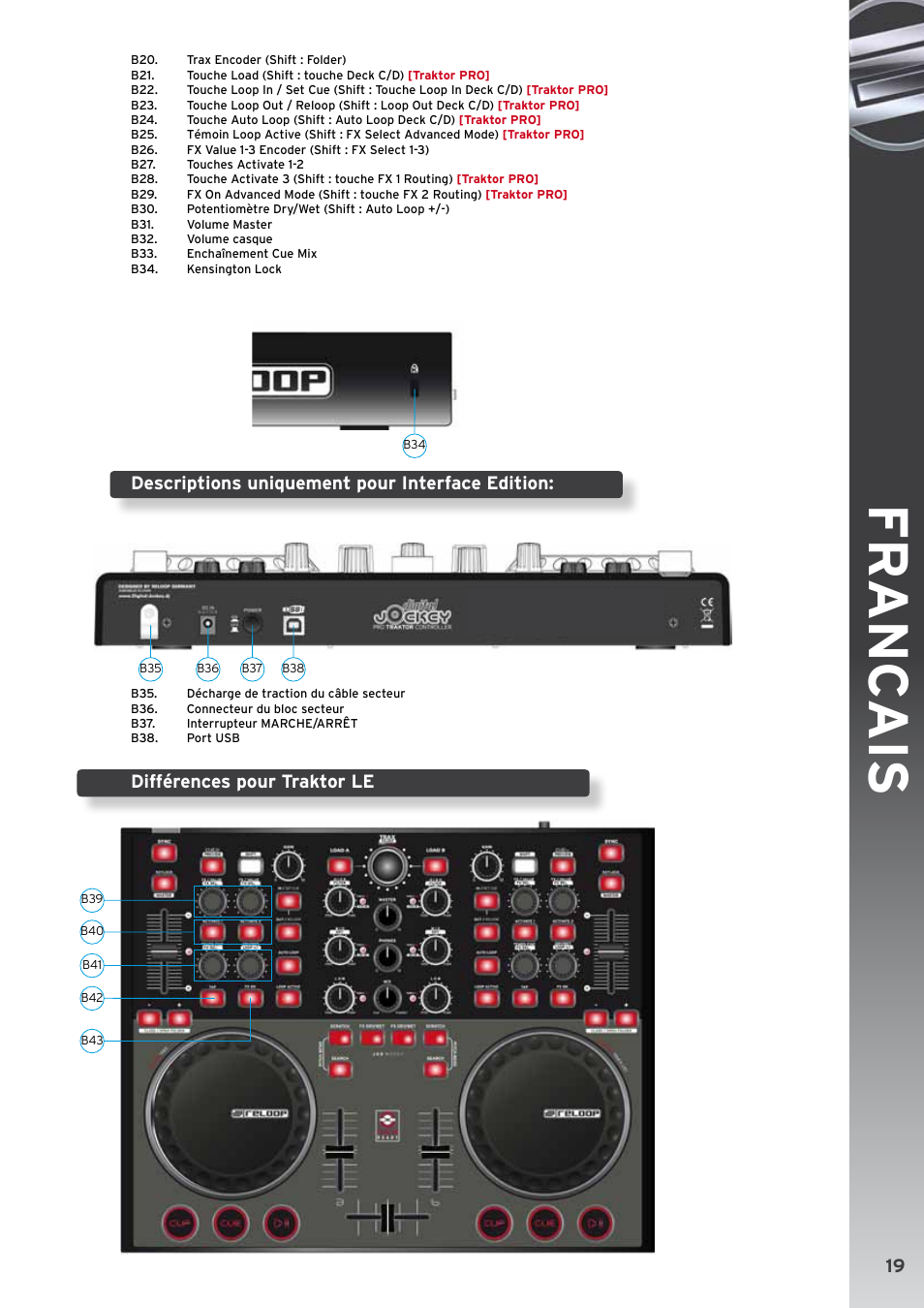 Fr anc ais, Descriptions uniquement pour interface edition, Différences pour traktor le | Reloop DIGITAL JOCKEY 2 CONTROLLER EDITION User Manual | Page 19 / 24