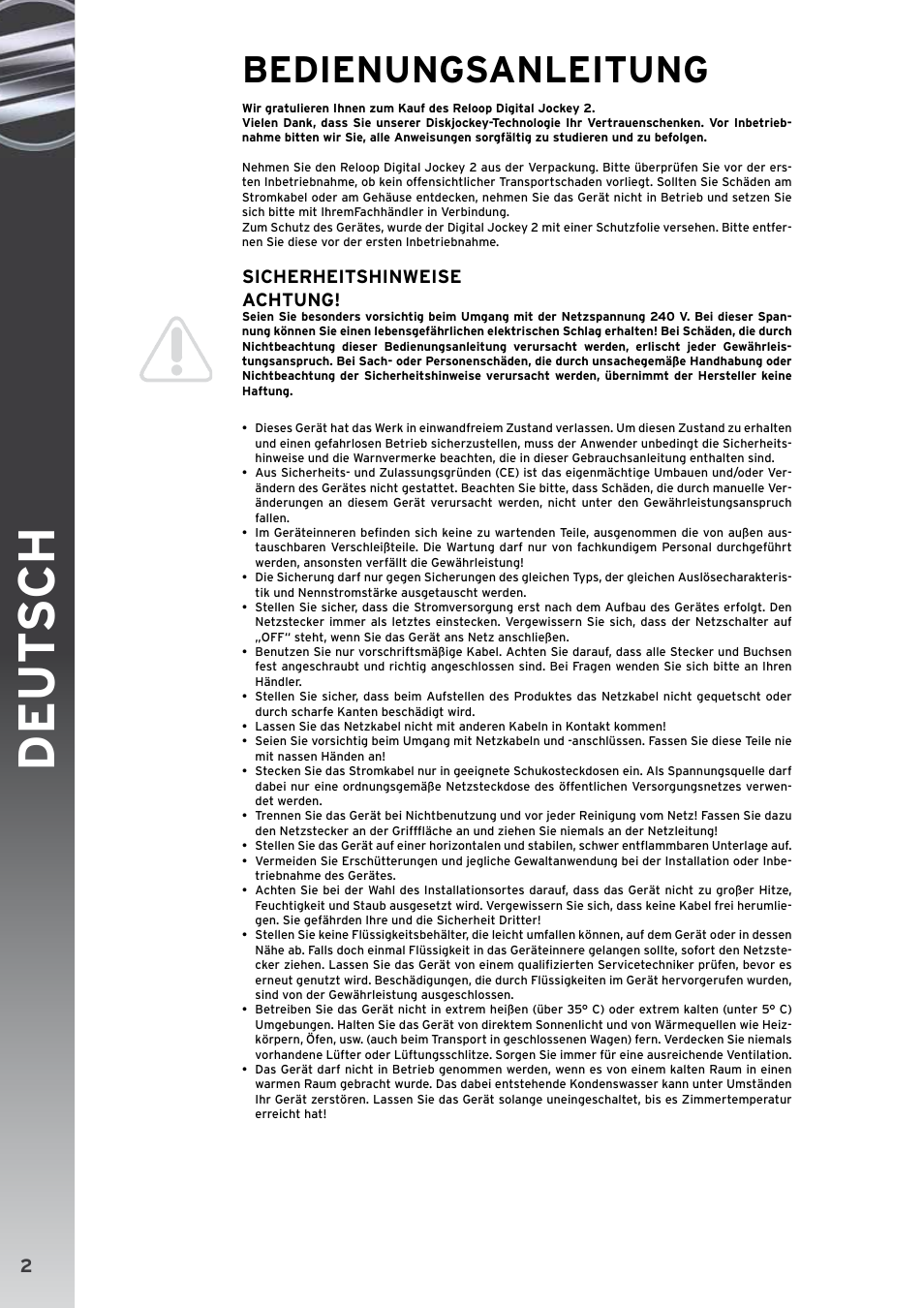 De ut s ch, Bedienungsanleitung | Reloop DIGITAL JOCKEY 2 CONTROLLER EDITION User Manual | Page 2 / 24