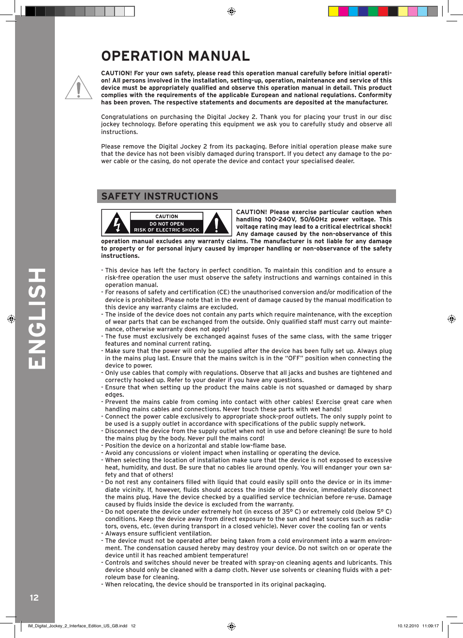 English, Operation manual, Safety instructions | Reloop DIGITAL JOCKEY 2 IE User Manual | Page 12 / 32