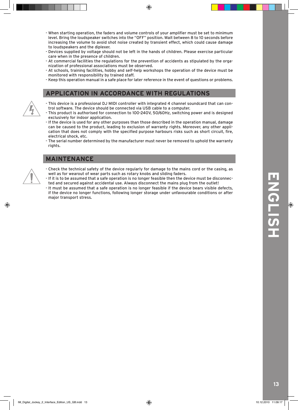 English, Application in accordance with regulations, Maintenance | Reloop DIGITAL JOCKEY 2 IE User Manual | Page 13 / 32