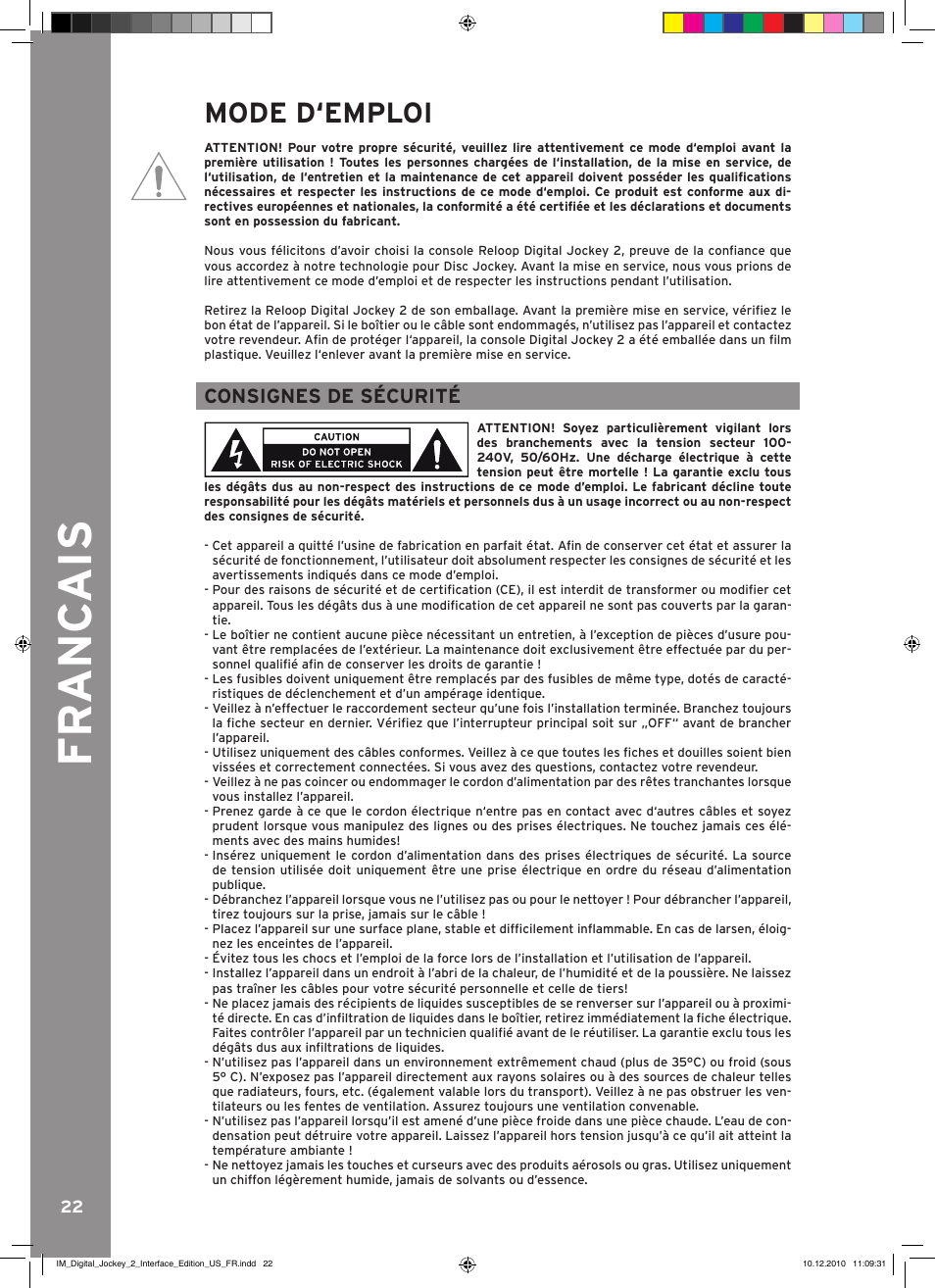 Fr anc ais, Mode d‘emploi, Consignes de sécurité | Reloop DIGITAL JOCKEY 2 IE User Manual | Page 22 / 32