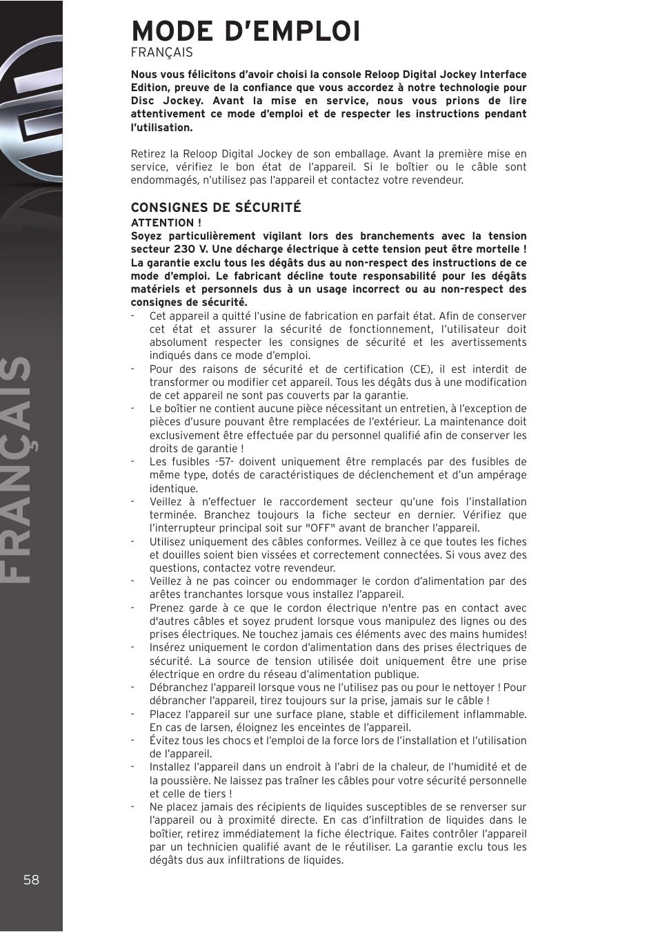 Fr ançais, Mode d’emploi | Reloop DIGITAL JOCKEY INTERFACE EDITION User Manual | Page 58 / 86