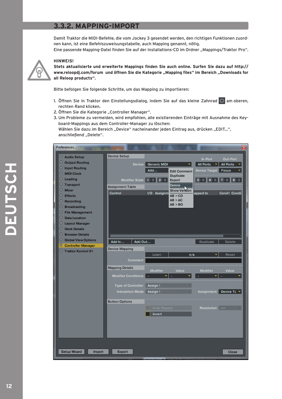 Mapping-import, De ut s ch | Reloop JOCKEY 3 ME INKL. TRAKTOR LE 2 User Manual | Page 12 / 89