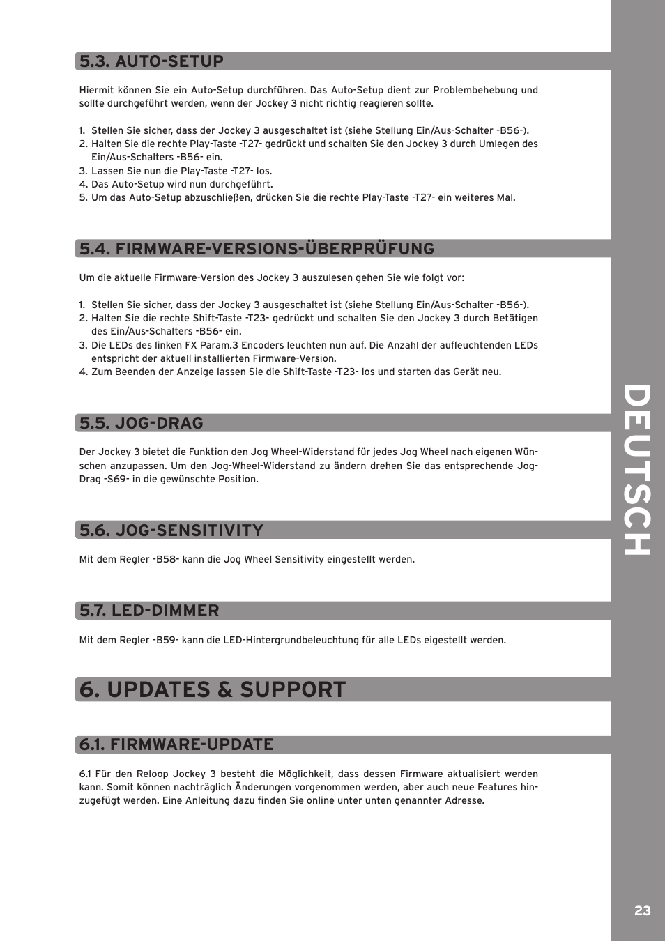 Auto-setup, Jog-drag, Jog-sensitivity | Led-dimmer, Updates & support, Firmware-update, De ut s ch, Firmware-versions-überprüfung | Reloop JOCKEY 3 ME INKL. TRAKTOR LE 2 User Manual | Page 23 / 89