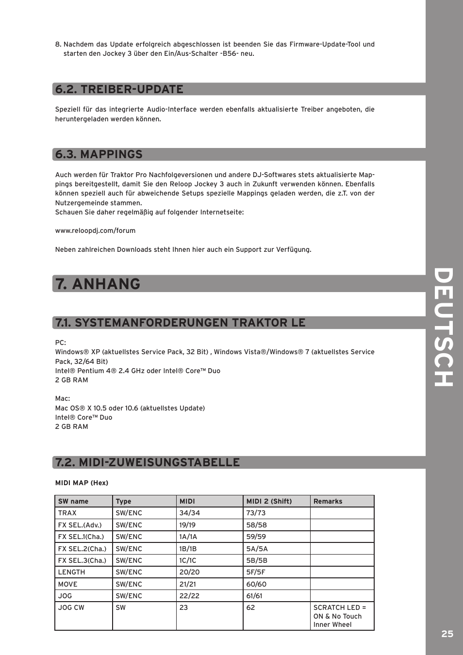 Treiber-update, Mappings, Anhang | Systemanforderungen traktor le, Midi-zuweisungstabelle, De ut s ch | Reloop JOCKEY 3 ME INKL. TRAKTOR LE 2 User Manual | Page 25 / 89