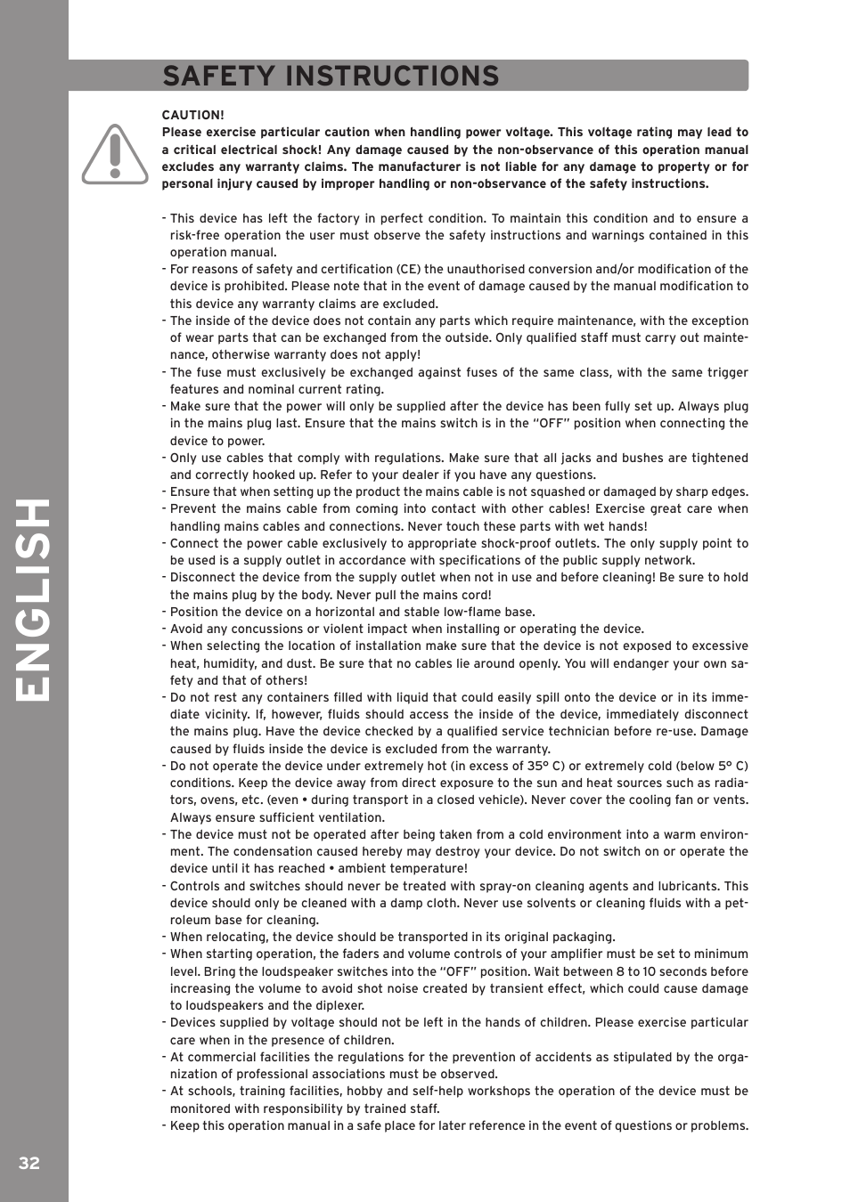 Safety instructions, English | Reloop JOCKEY 3 ME INKL. TRAKTOR LE 2 User Manual | Page 32 / 89