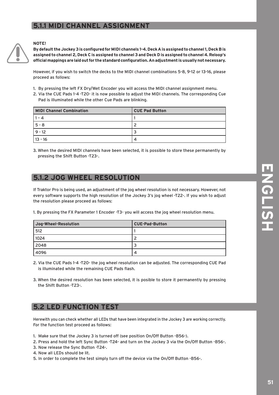 1 midi channel assignment, 2 jog wheel resolution, 2 led function test | English | Reloop JOCKEY 3 ME INKL. TRAKTOR LE 2 User Manual | Page 51 / 89