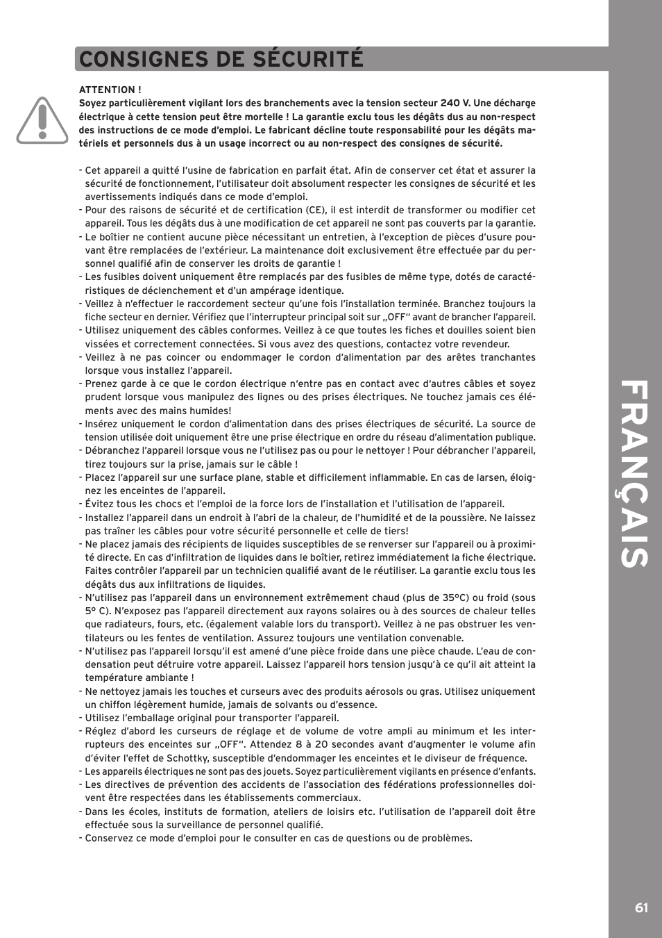 Fr ançais, Consignes de sécurité | Reloop JOCKEY 3 ME INKL. TRAKTOR LE 2 User Manual | Page 61 / 89