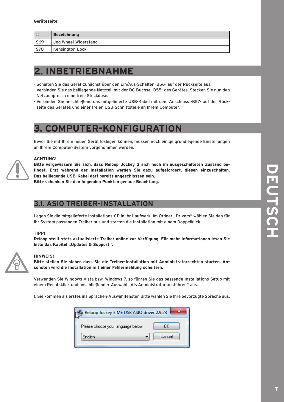 Inbetriebnahme, Computer-konfiguration, Asio treiber-installation | De ut s ch | Reloop JOCKEY 3 ME INKL. TRAKTOR LE 2 User Manual | Page 7 / 89