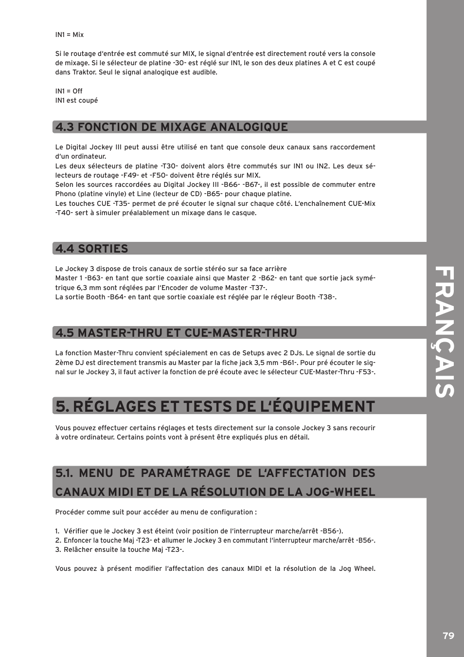 3 fonction de mixage analogique, 4 sorties, 5 master-thru et cue-master-thru | Fr ançais, Réglages et tests de l‘équipement | Reloop JOCKEY 3 ME INKL. TRAKTOR LE 2 User Manual | Page 79 / 89