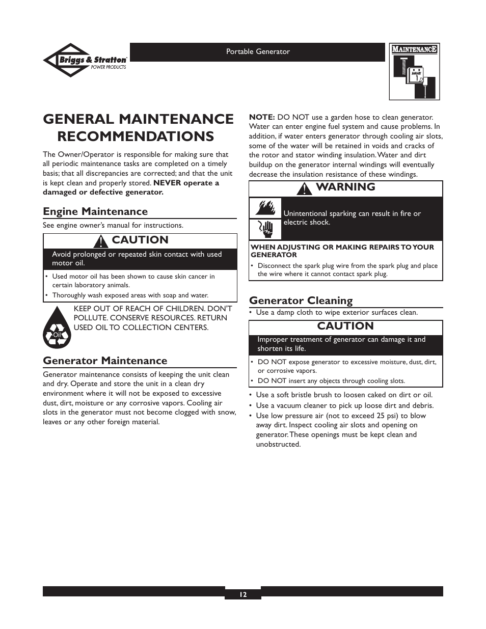 General maintenance recommendations, Engine maintenance, Generator maintenance | Generator cleaning, Caution, Warning | Briggs & Stratton 01970 User Manual | Page 12 / 28