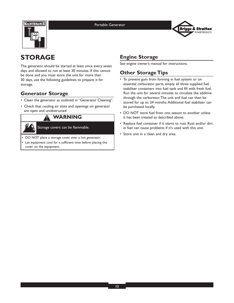 Storage, Generator storage, Engine storage | Other storage tips, Warning | Briggs & Stratton 01970 User Manual | Page 13 / 28