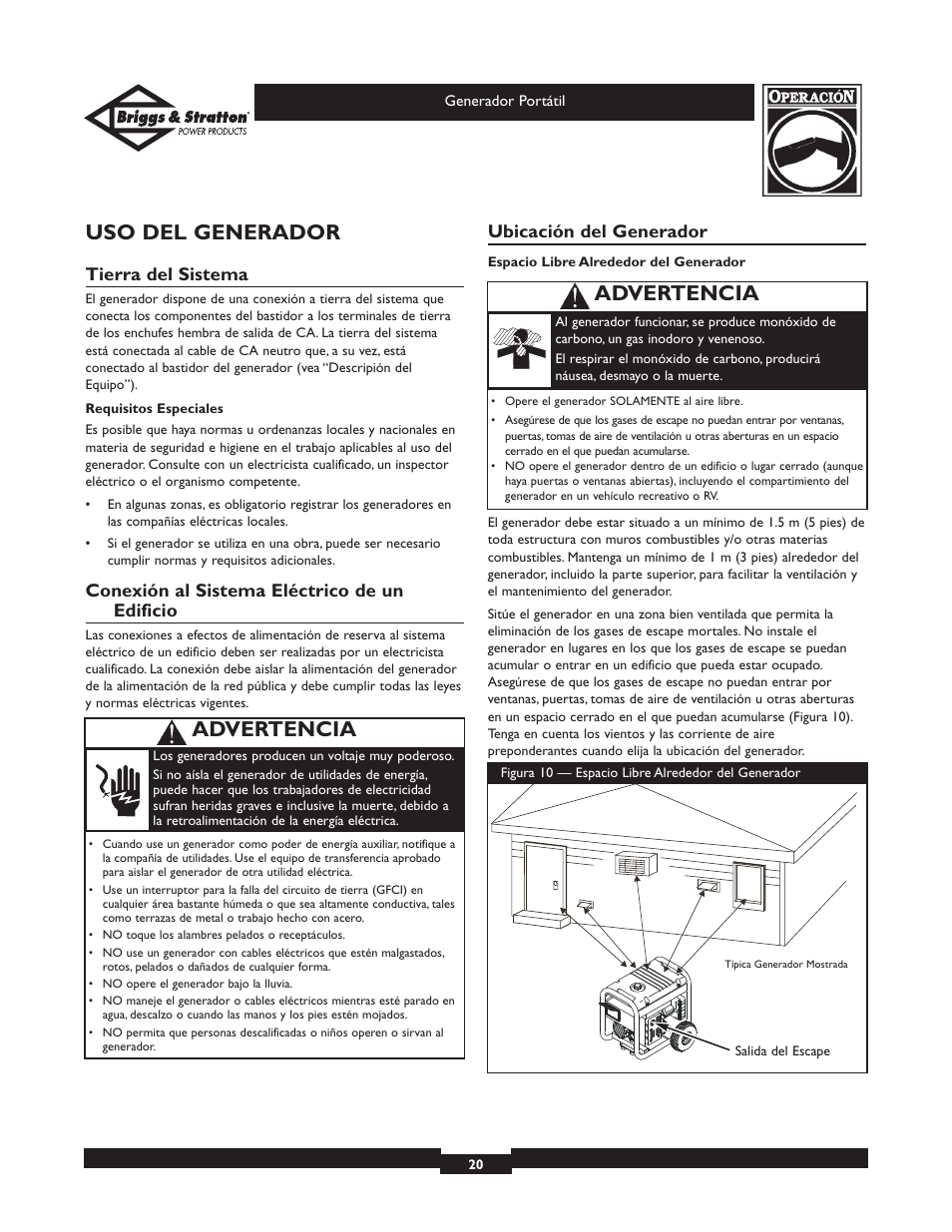 Uso del generador, Advertencia, Tierra del sistema | Conexión al sistema eléctrico de un edificio, Ubicación del generador | Briggs & Stratton 01970 User Manual | Page 20 / 28