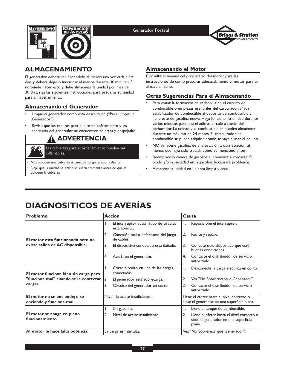 Diagnositicos de averías, Almacenamiento, Advertencia | Almacenando el generador, Almacenando el motor, Otras sugerencias para el almacenando | Briggs & Stratton 01970 User Manual | Page 27 / 28