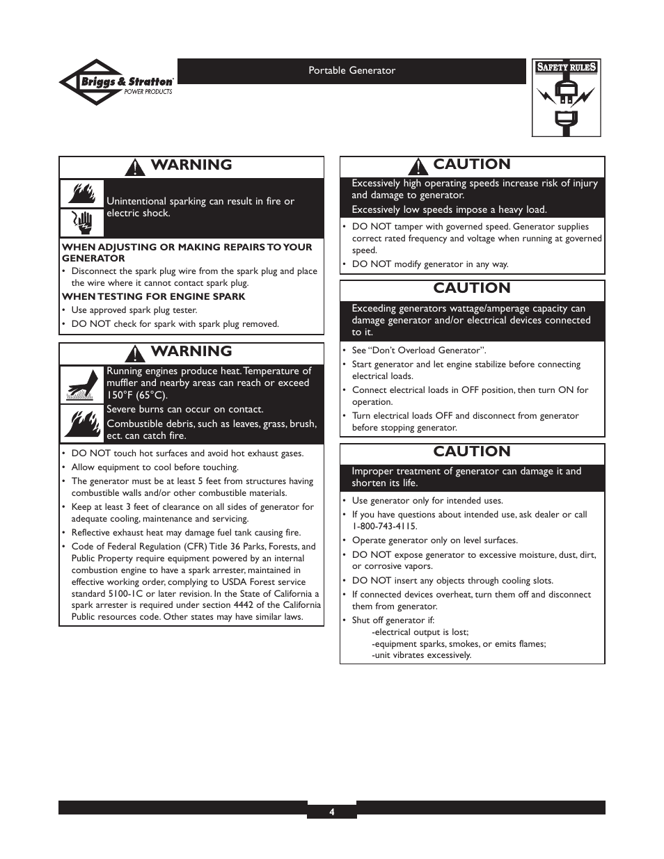 Caution, Warning | Briggs & Stratton 01970 User Manual | Page 4 / 28