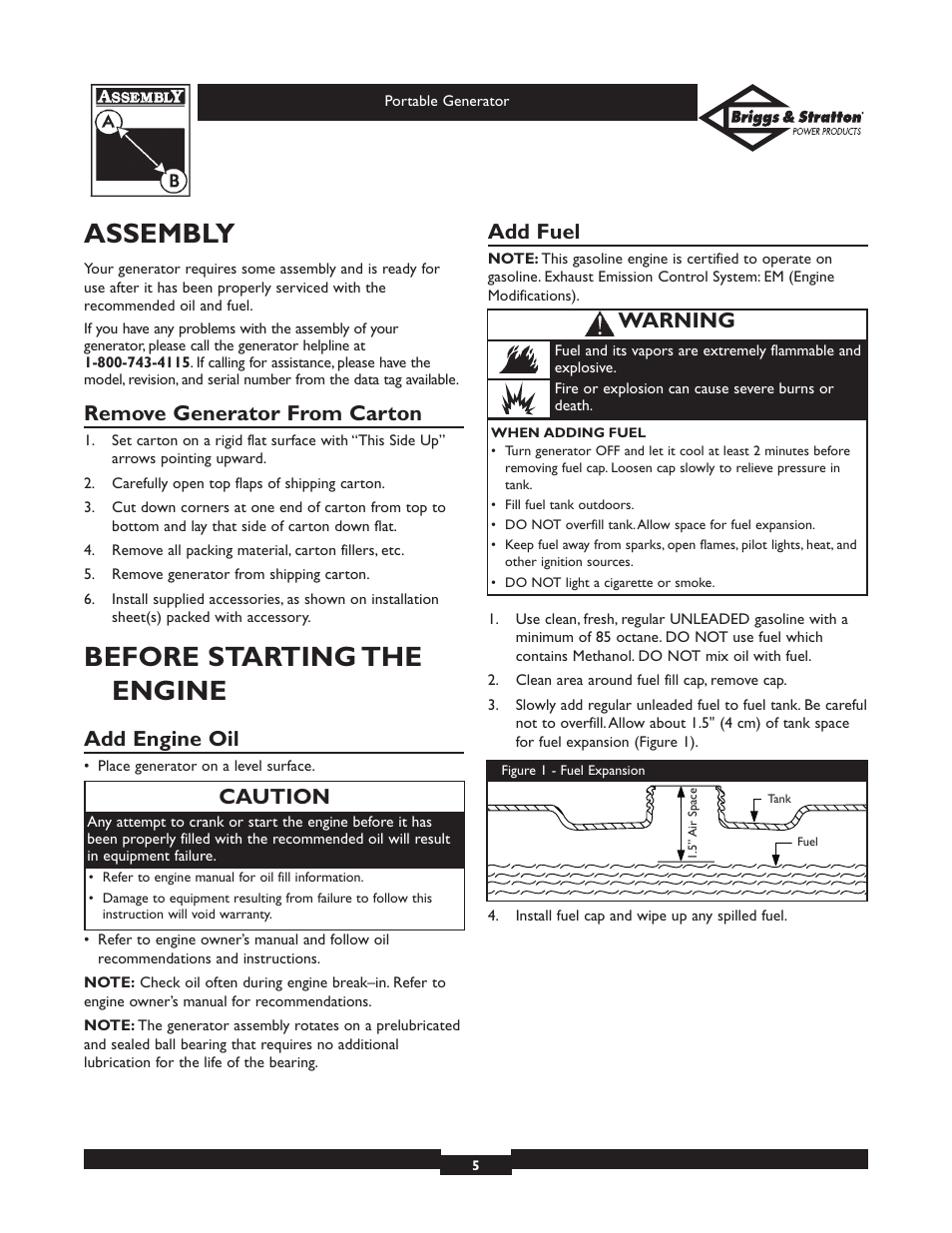 Assembly, Before starting the engine, Remove generator from carton | Add engine oil, Add fuel, Caution, Warning | Briggs & Stratton 01970 User Manual | Page 5 / 28