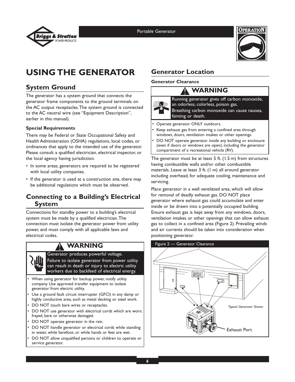 Using the generator, System ground, Connecting to a building’s electrical system | Generator location, Warning | Briggs & Stratton 01970 User Manual | Page 6 / 28