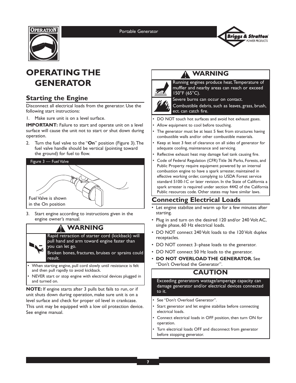 Operating the generator, Starting the engine, Connecting electrical loads | Caution, Warning | Briggs & Stratton 01970 User Manual | Page 7 / 28