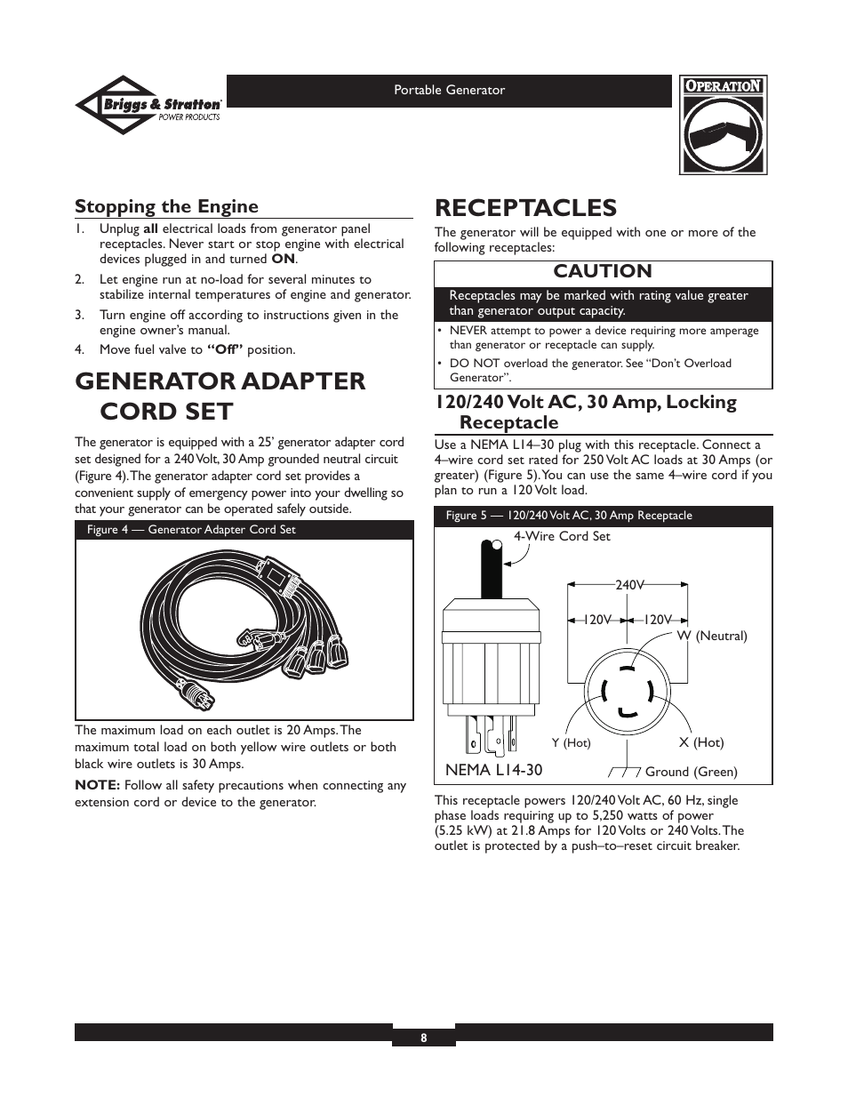 Generator adapter cord set, Receptacles, Stopping the engine | Caution | Briggs & Stratton 01970 User Manual | Page 8 / 28