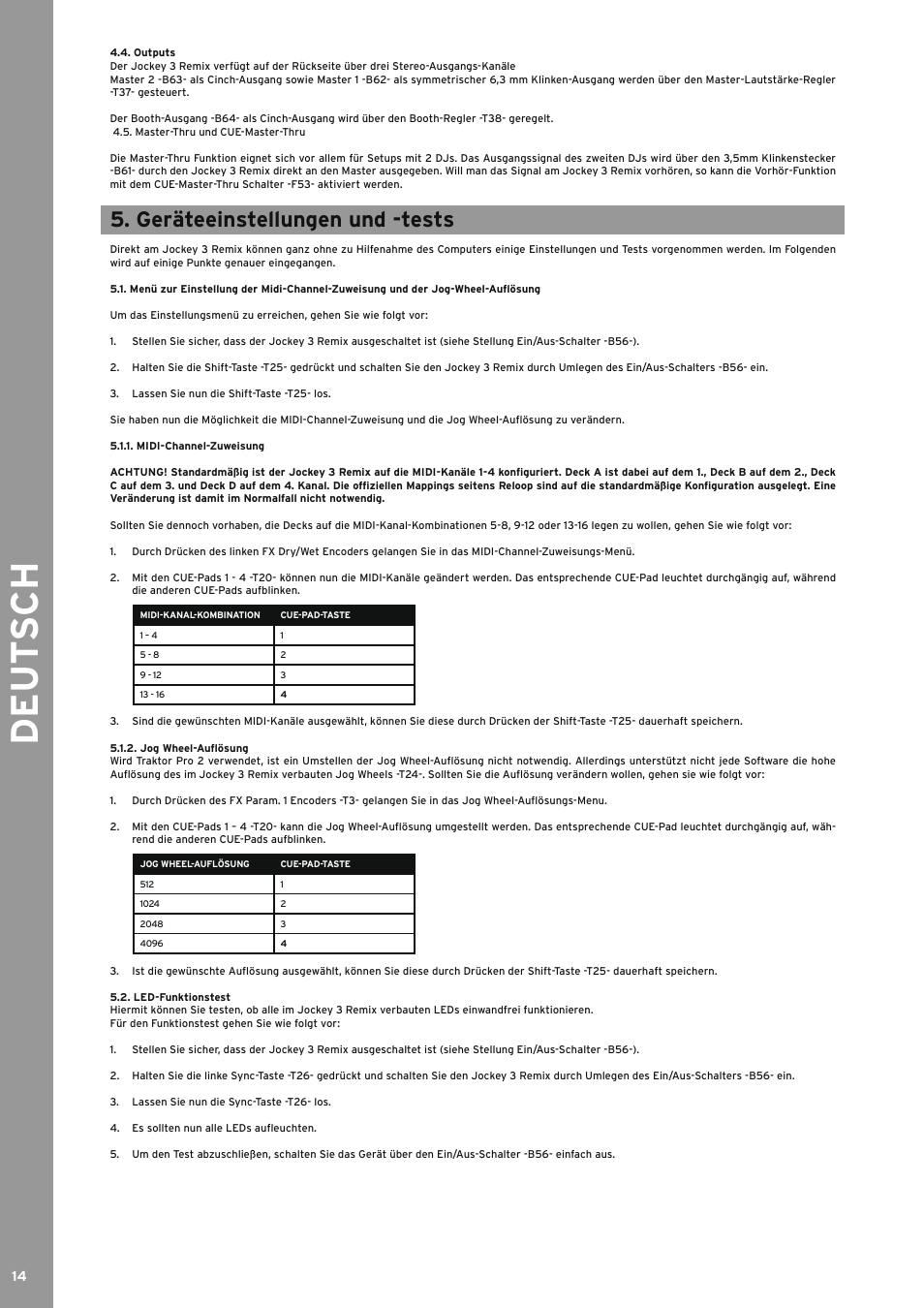 Outputs, Geräteeinstellungen und -tests, Midi-channel-zuweisung | Jog wheel-auflösung, Led-funktionstest, 1 midi-channel-zuweisung 5.1.2, De ut s ch | Reloop JOCKEY 3 REMIX User Manual | Page 14 / 68