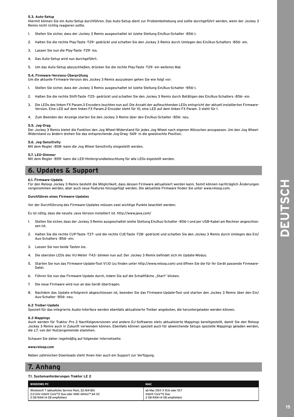 Auto-setup, Firmware-versions-überprüfung, Jog-drag | Jog-sensitivity, Led-dimmer, Updates & support, Firmware-update, 2 treiber-update, 3 mappings, Anhang | Reloop JOCKEY 3 REMIX User Manual | Page 15 / 68