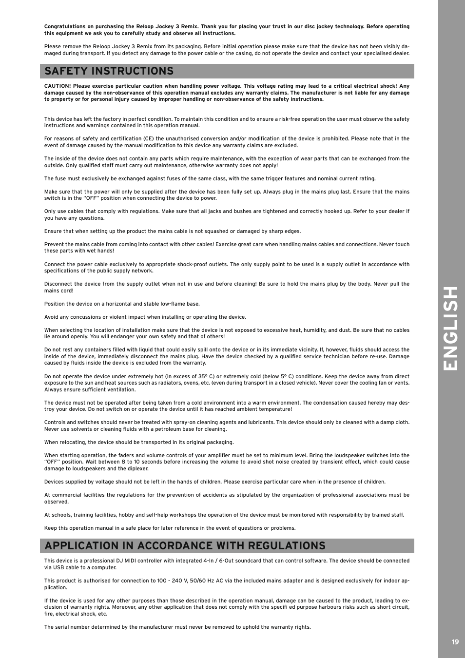 Safety instructions, Application in accordance with regulations, English | Reloop JOCKEY 3 REMIX User Manual | Page 19 / 68