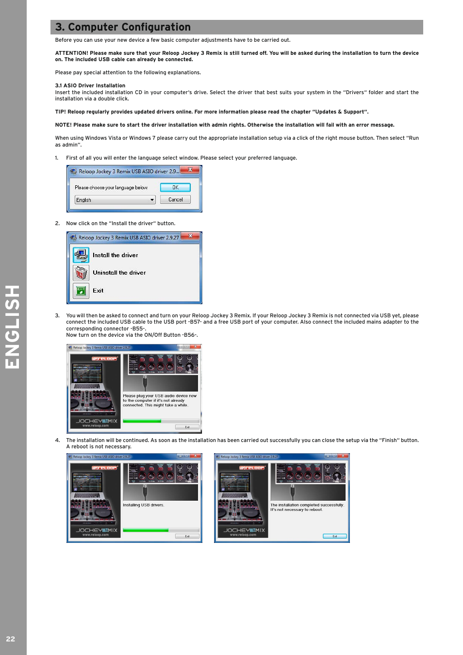 Computer configuration, 1 asio driver installation, Asio driver installation | English | Reloop JOCKEY 3 REMIX User Manual | Page 22 / 68
