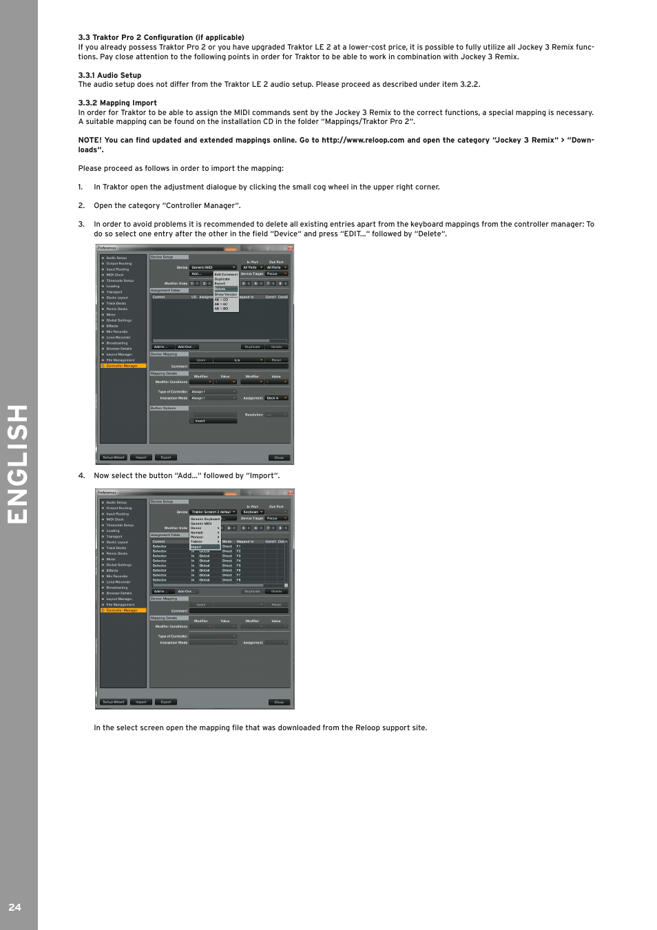 3 traktor pro 2 configuration (if applicable), 1 audio setup, 2 mapping import | Traktor pro 2 configuration (if applicable), Audio setup, Mapping import, English | Reloop JOCKEY 3 REMIX User Manual | Page 24 / 68